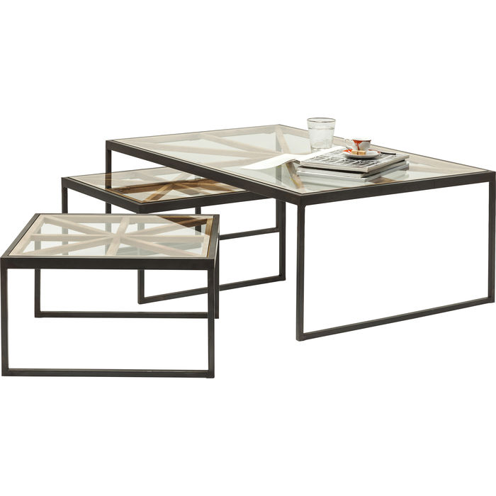 MESA CENTRO BEAM RETANGULAR TAMPO VIDRO JOGO 3 PEÇAS