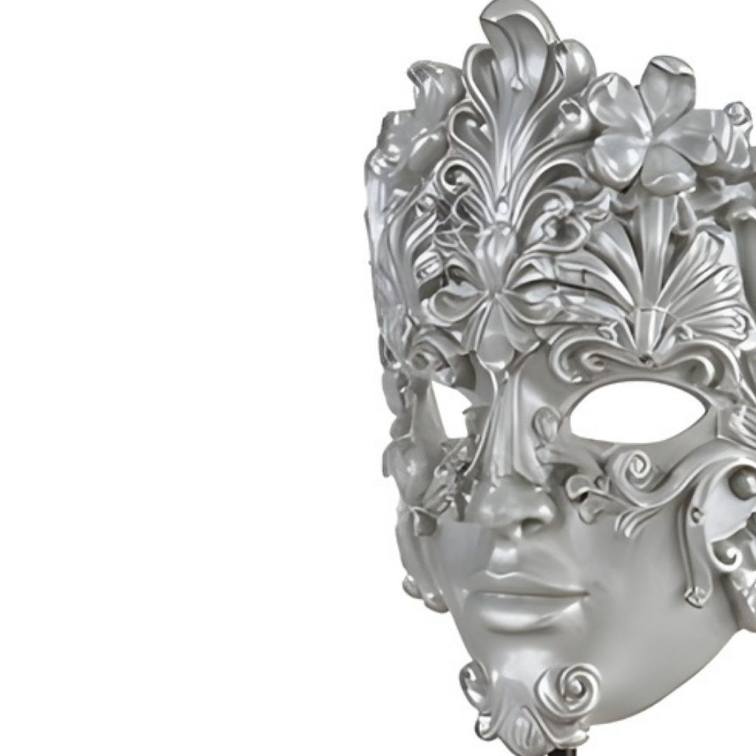 ESCULTURA MASCARA VENEZA RESINA PRATEADA C/PEDESTAL MODALI DESIGN