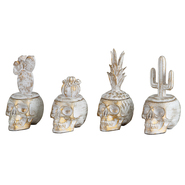 POTES CAVEIRA ABACAXI/CACTUS RESINA BRANCO MESCLADO DOURADO MODALI DESIGN JOGO 4 PEÇAS
