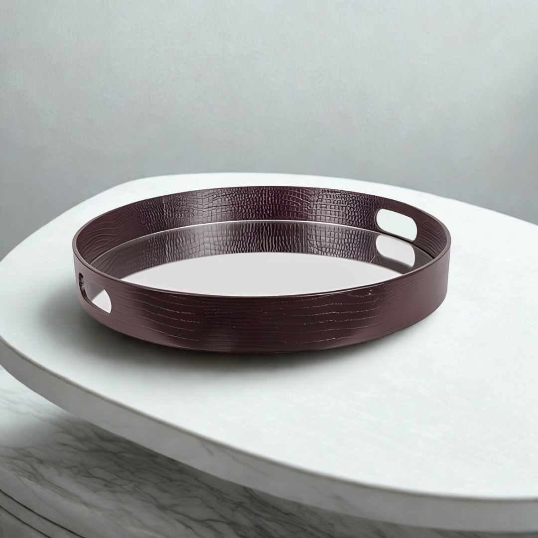 BANDEJA REDONDA TOQUIO ESPELHADA/COURO MARROM MODALI DESIGN