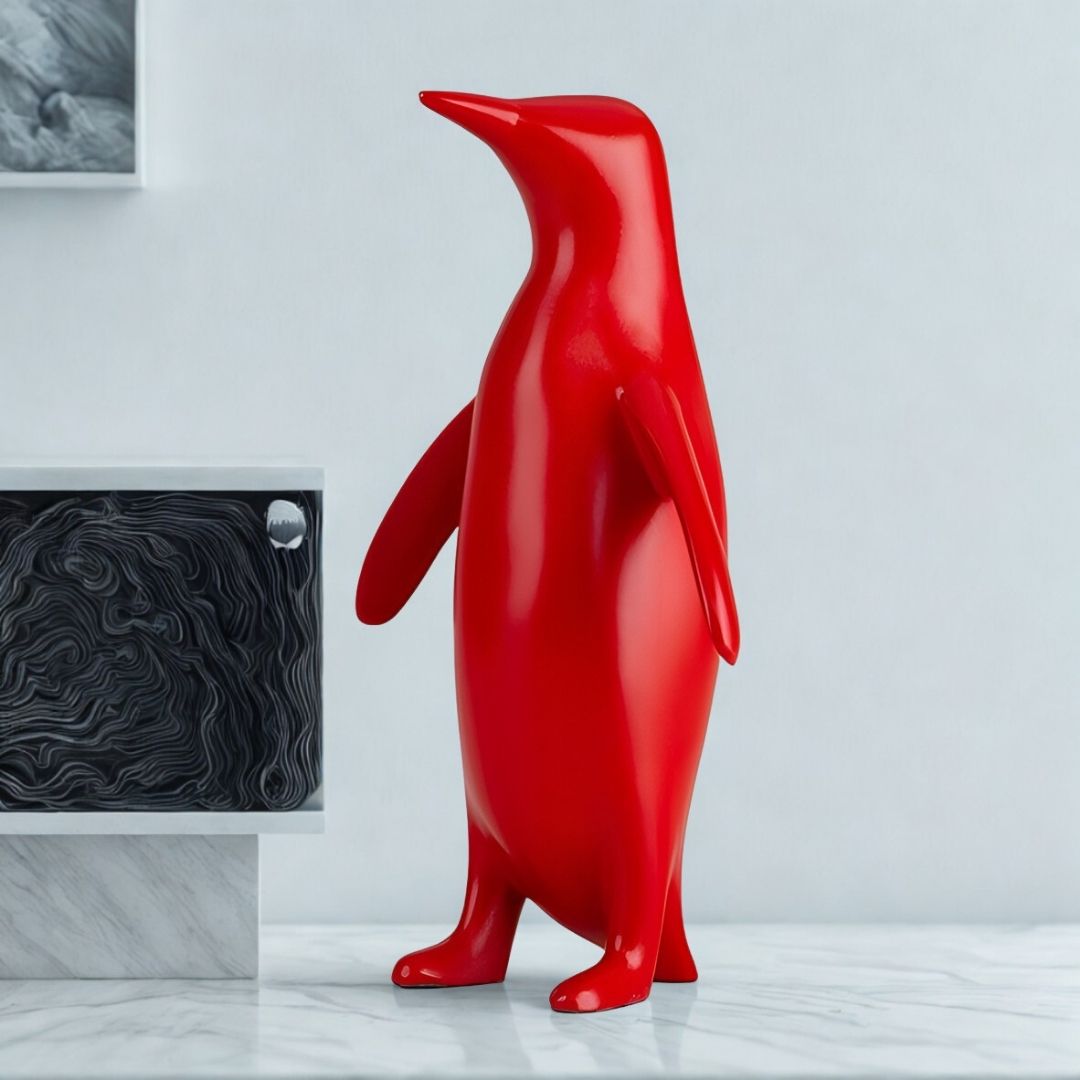 ESCULTURA PINGUIM RESINA VERMELHO MODALI DESIGN