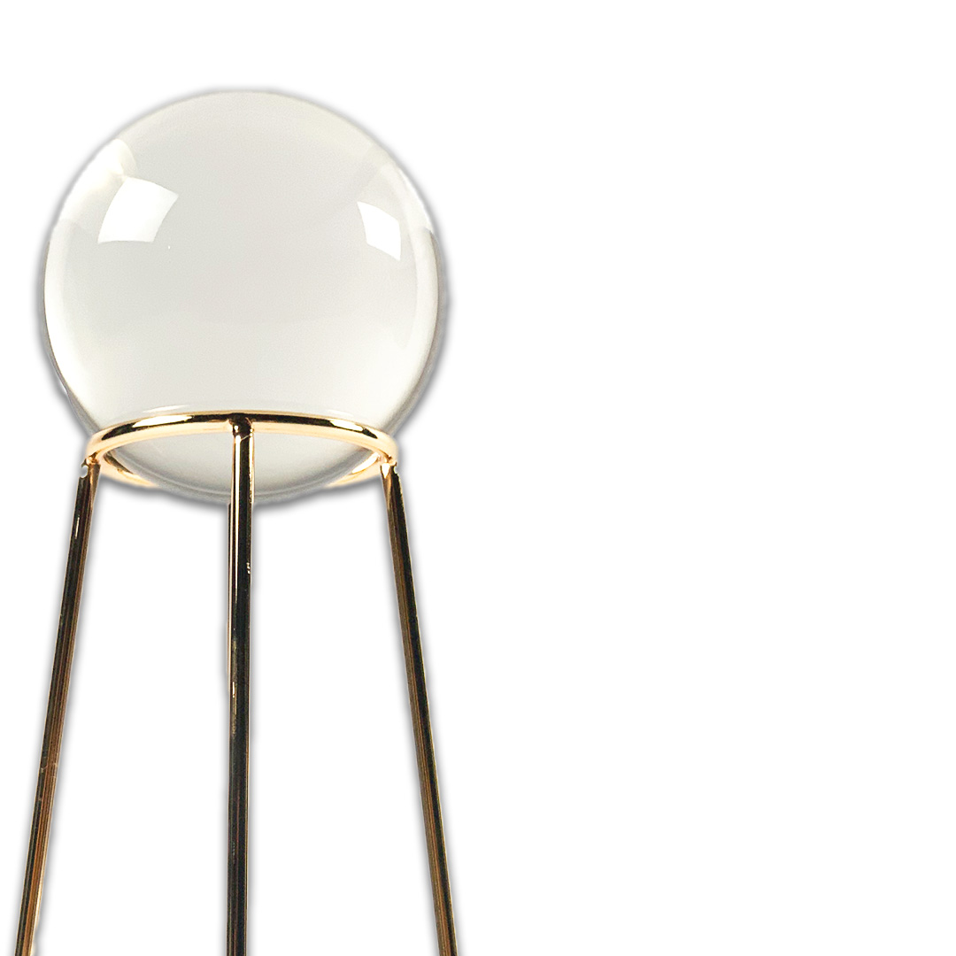 ESCULTURA BOLA VIDRO ELEVADA SUPORTE METAL COBRE MODALI DESIGN
