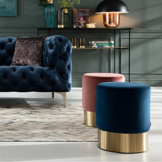 PUFF AZUL TECIDO SUEDE BASE DOURADA 