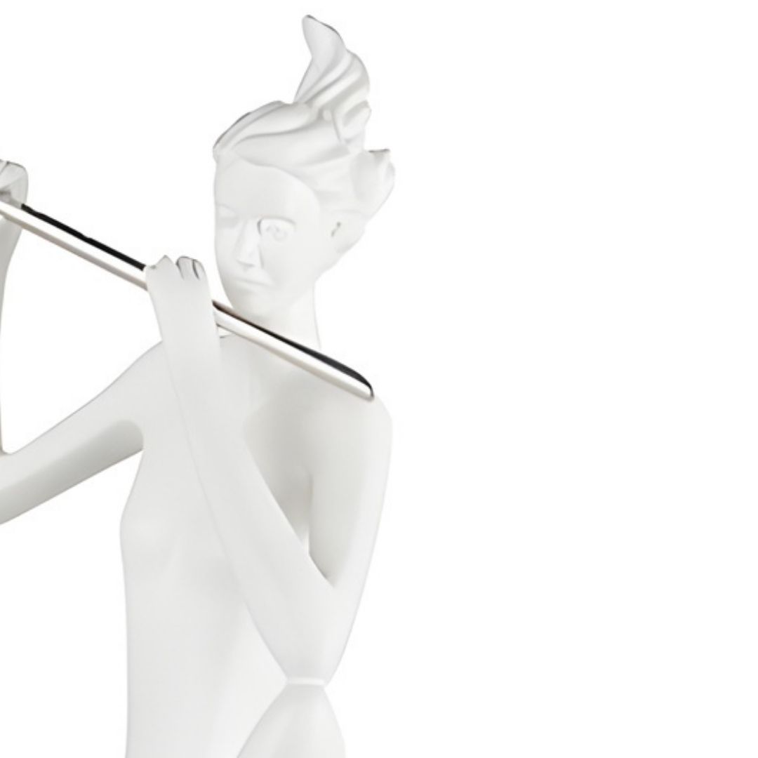 ESCULTURA FLAUTISTA SENTADA RESINA BRANCA MODALI DESIGN