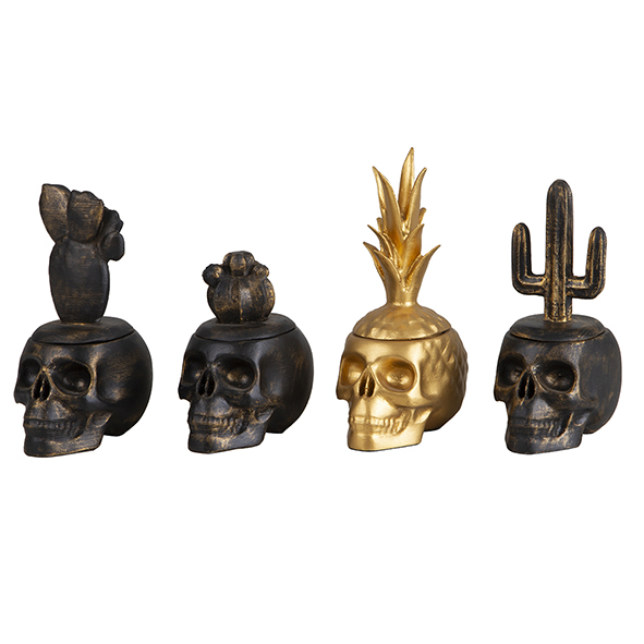 POTES CAVEIRA ABACAXI/CACTUS RESINA DOURADO/PRETO MODALI DESIGN JOGO 4 PEÇAS
