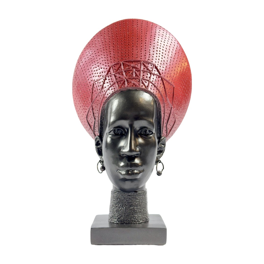 ESCULTURA AFRICANA TURBANTE VERMELHO RESINA COR MULDER