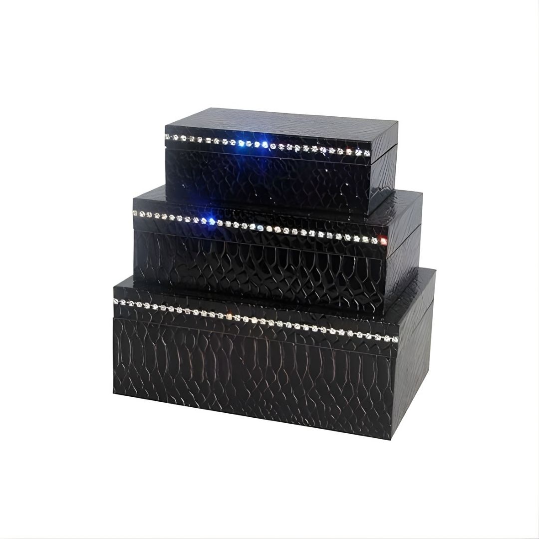 CAIXAS RETANGULARES COURO CROCO PRETO C/STRASS MODALI DESIGN JOGO 3 PEÇAS