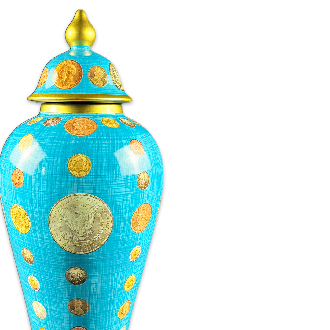 POTICHE MOEDAS PORCELANA AZUL C/DOURADO VAN ROON