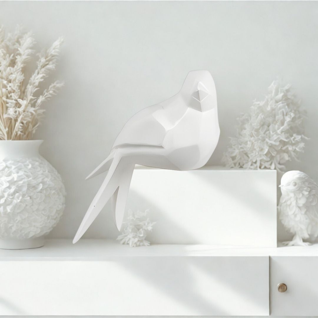 ESCULTURA PASSARO NA PRATELEIRA L/ ESQUERDO RESINA BRANCO MODALI DESIGN