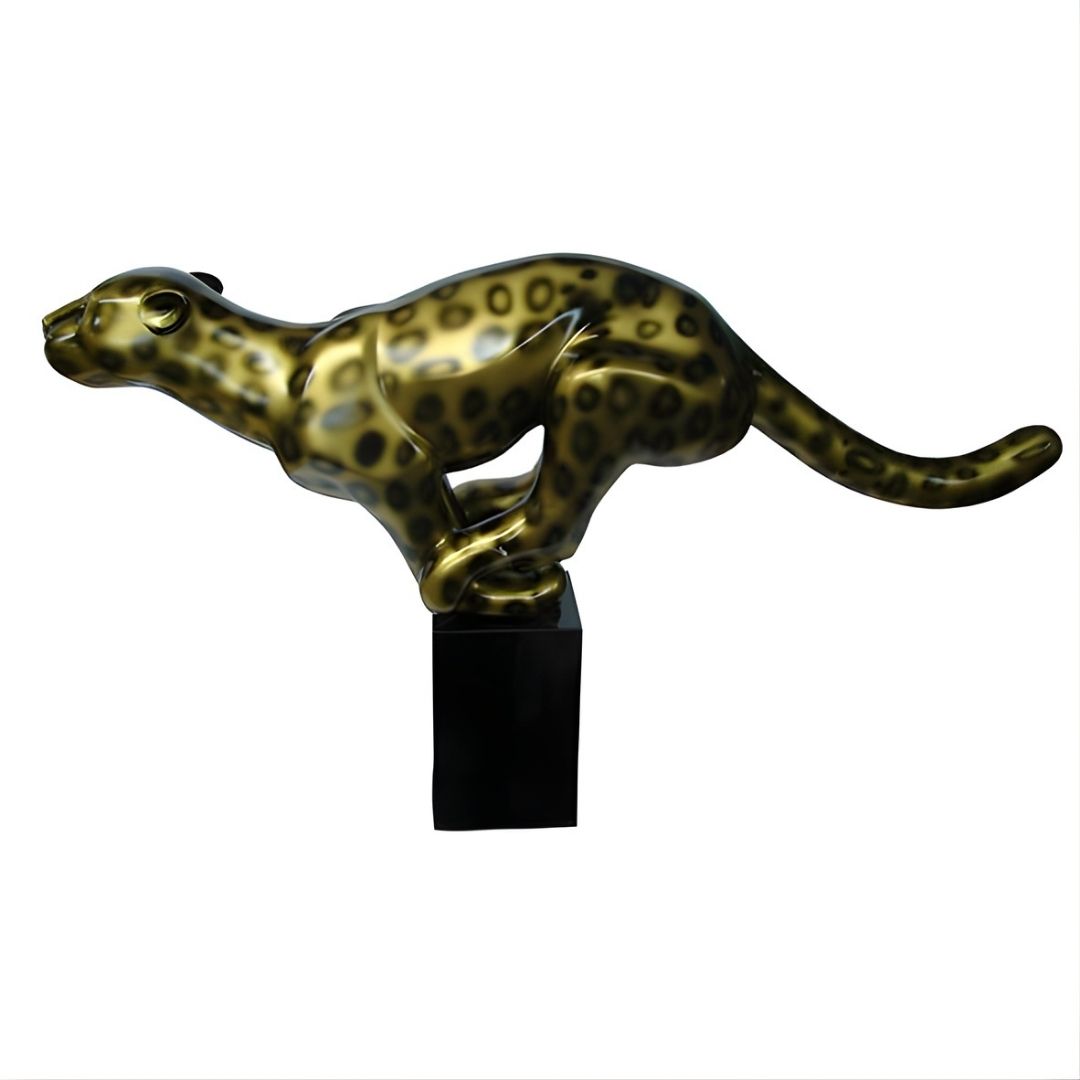ESCULTURA PANTERA SPEED RESINA AMARELA C/PEDESTAL MADEIRA MODALI DESIGN