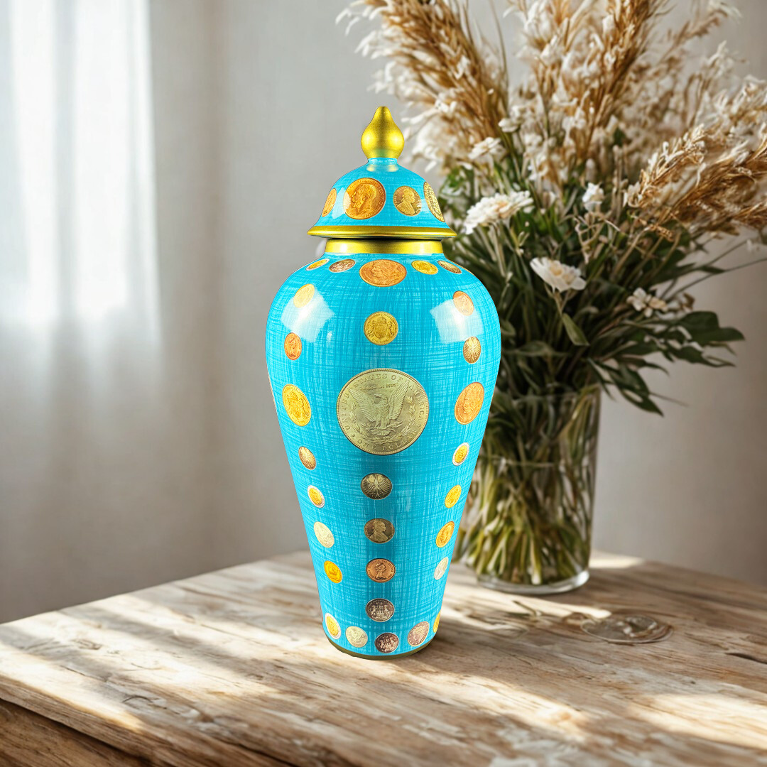 POTICHE MOEDAS PORCELANA AZUL C/DOURADO VAN ROON