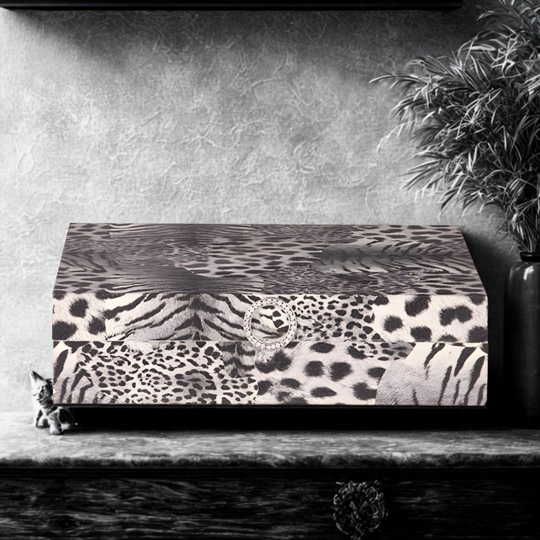 CAIXA RETANGULAR MADEIRA C/ESTAMPA SELVAGEM PRATEADA MODALI DESIGN