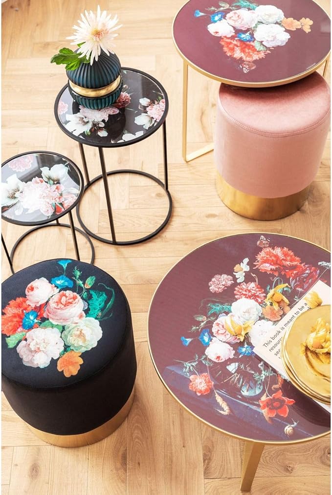 PUFF ROSE TECIDO SUEDE BASE DOURADA 