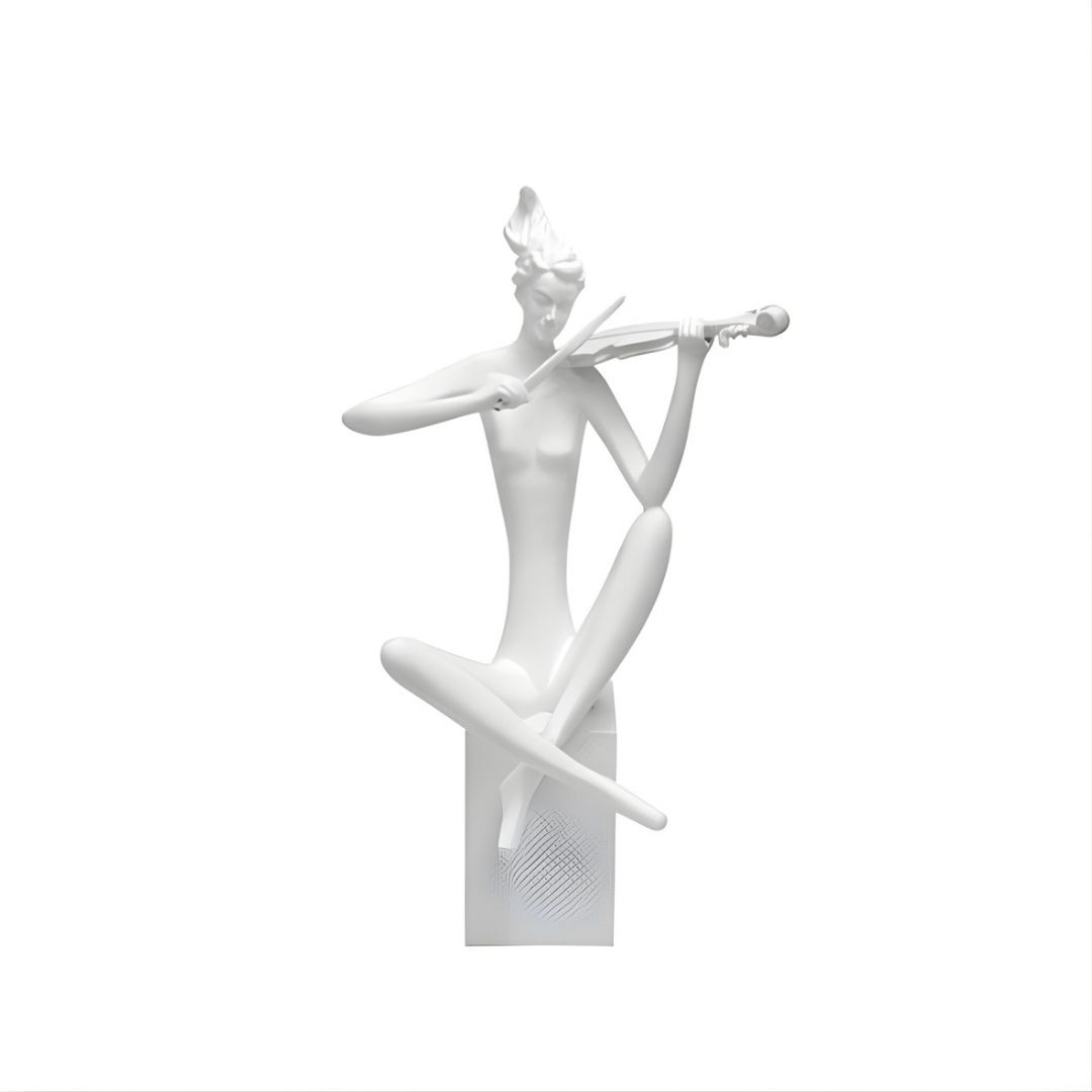 ESCULTURA VIOLINISTA SENTADA NO PEDESTAL RESINA BRANCA MODALI DESIGN