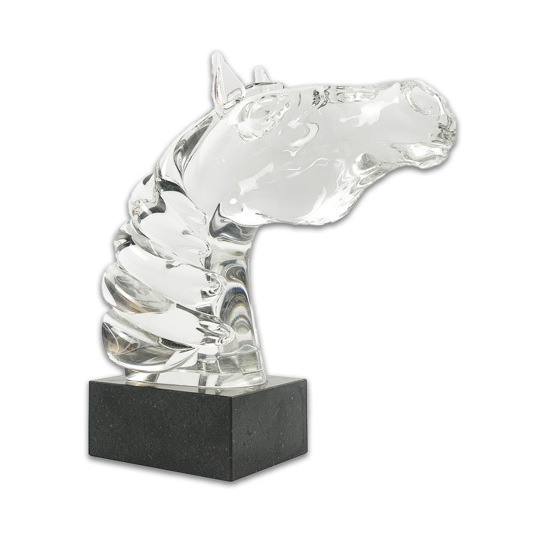 ESCULTURA CABECA DE CAVALO CRISTAL TRANSPARENTE BASE GRANITO HUTA SABINA