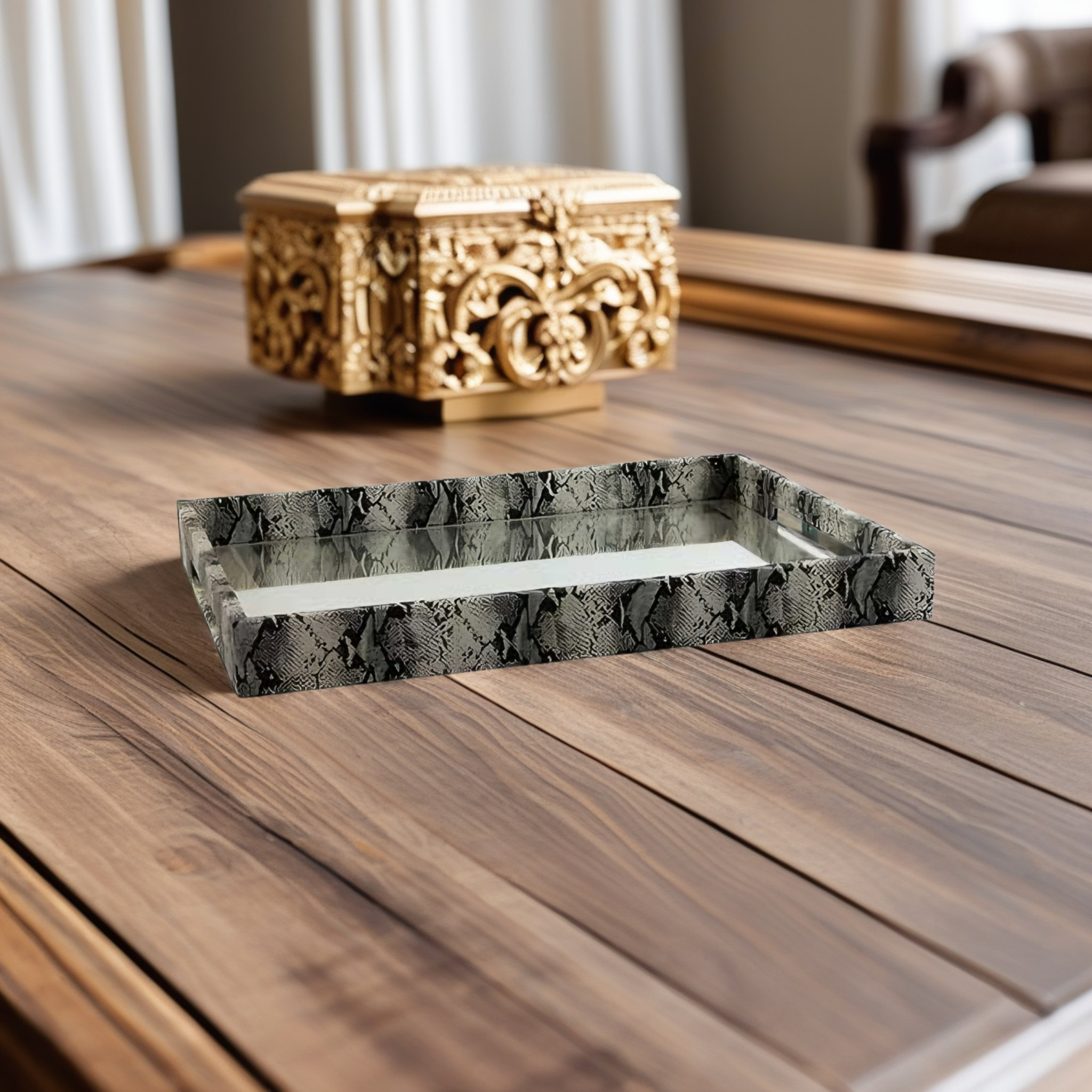 BANDEJA RETANGULAR COURO COBRA PRETO ESPELHADA MODALI DESIGN