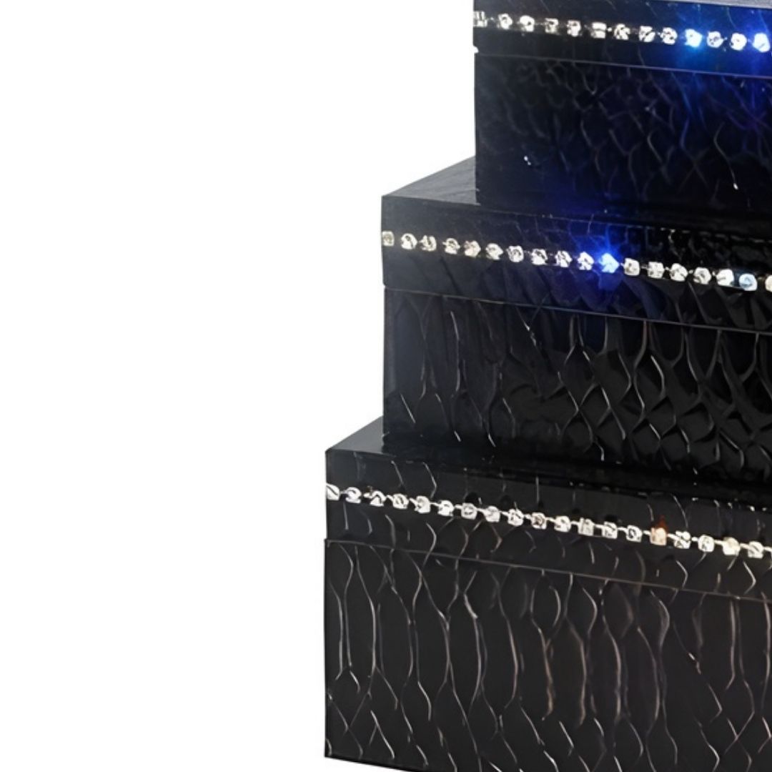 CAIXAS RETANGULARES COURO CROCO PRETO  C/STRASS MODALI DESIGN JOGO 3 PEÇAS