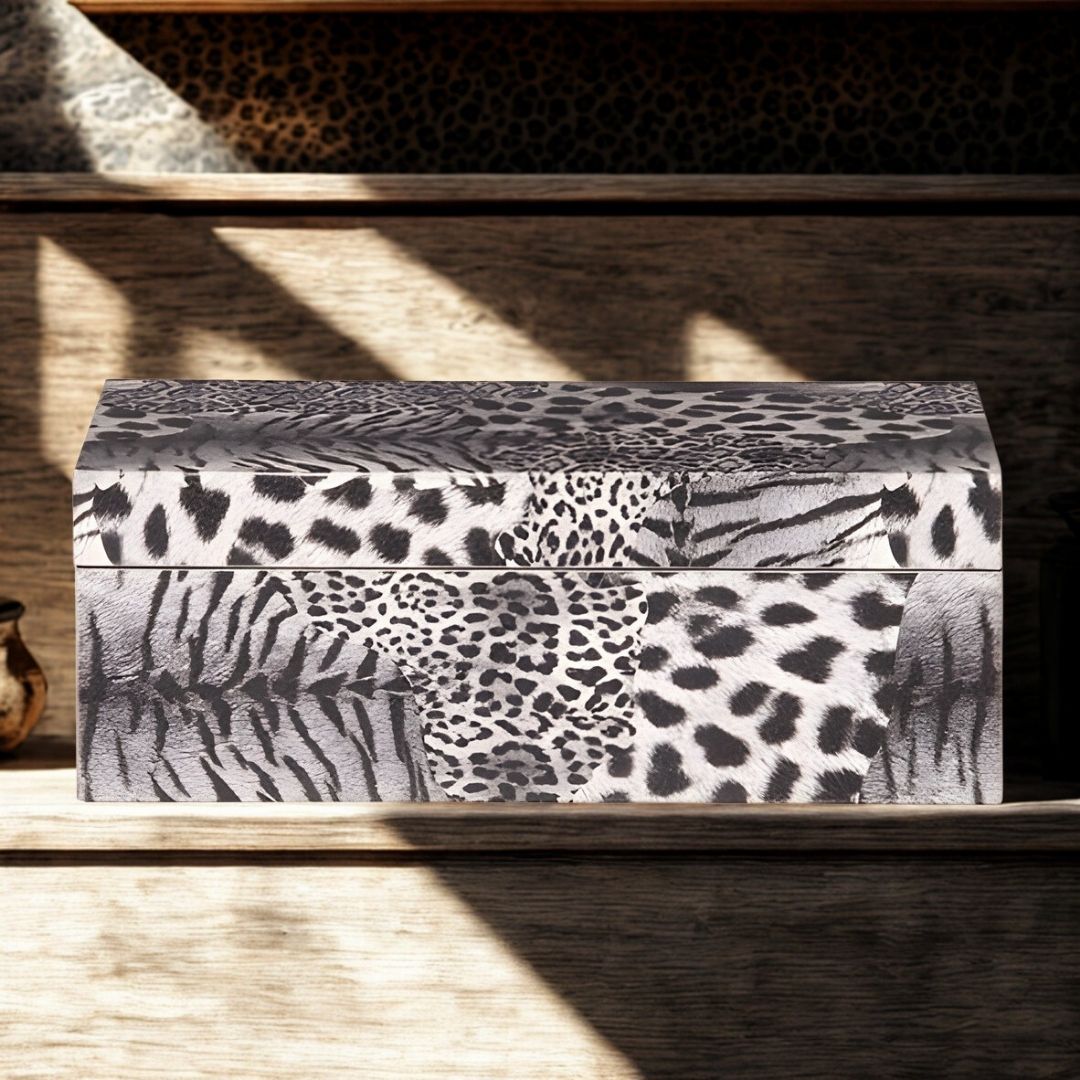 CAIXA RETANGULAR C/ESTAMPA LEOPARDO PRATEADA MODALI DESIGN