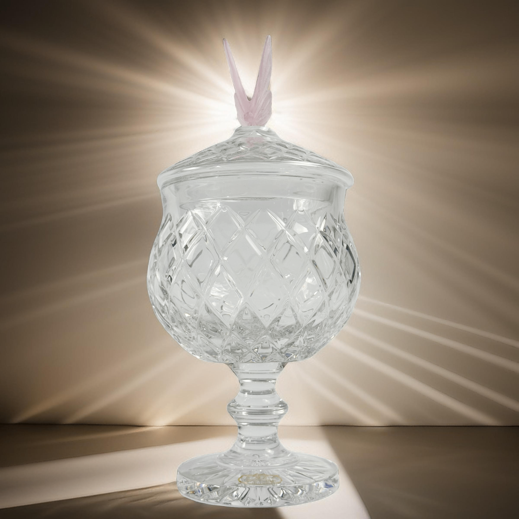 BOMBONIERE CRISTAL TRANSPARENTE C/ TAMPA BORBOLETA ROSA 