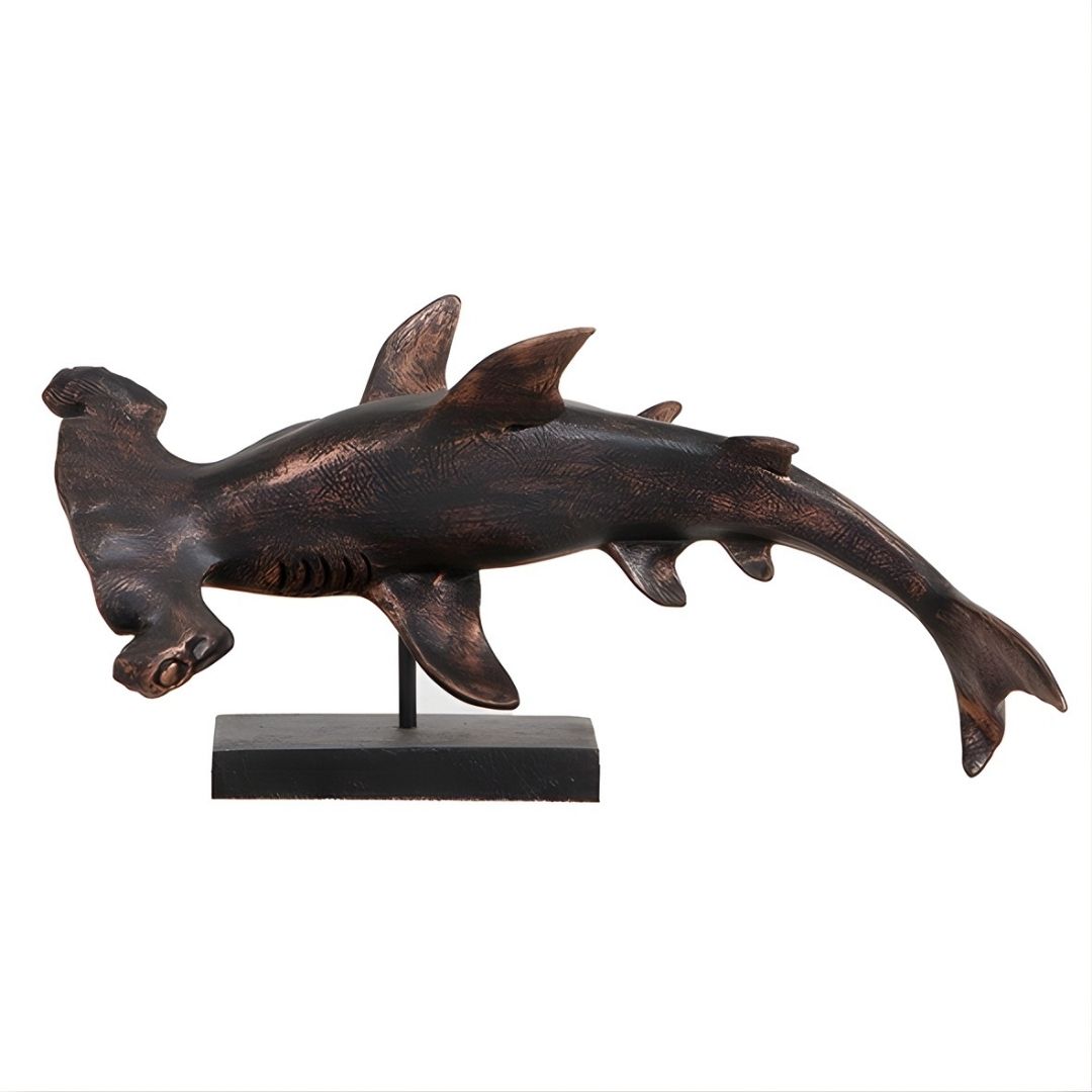 ESCULTURA TUBARAO MARTELO GRANDE P/MESA RESINA COBRE MODALI DESIGN