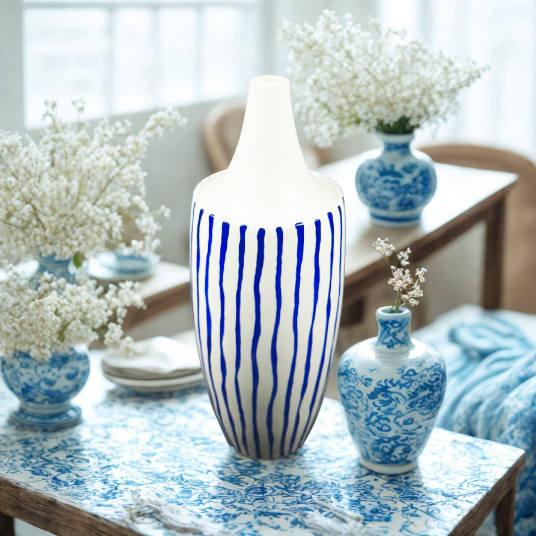 VASO LINE CERAMICA AZUL E BRANCO 
