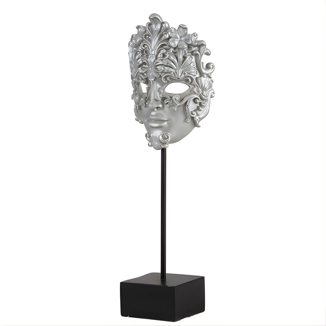 ESCULTURA MASCARA VENEZA RESINA PRATEADA C/PEDESTAL MODALI DESIGN