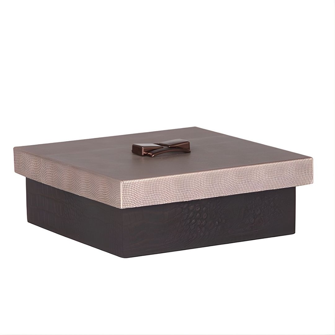 CAIXA QUADRADA LUNA II MADEIRA COURO TAMPA C/PUXADOR COBRE MODALI DESIGN