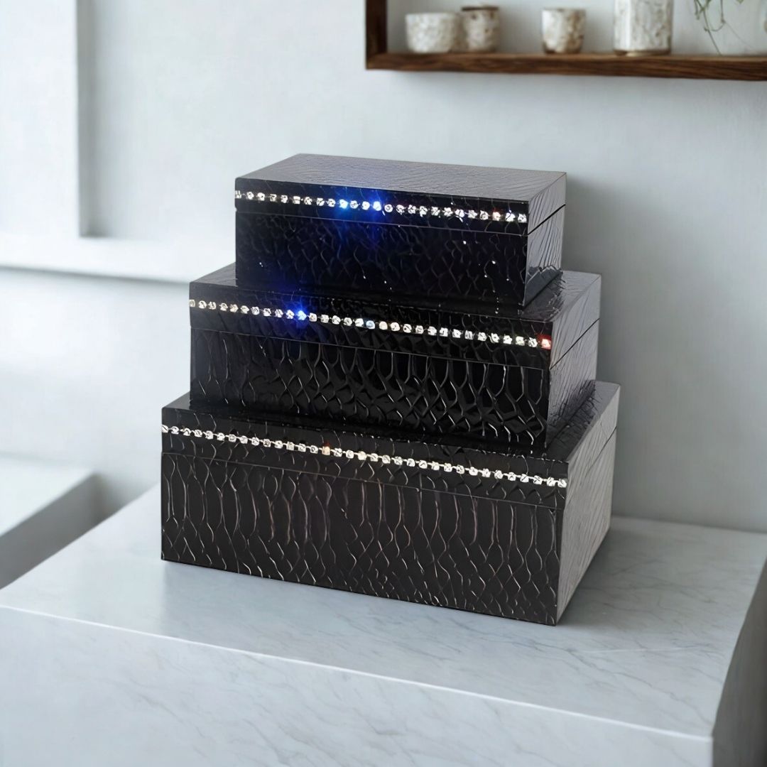 CAIXAS RETANGULARES COURO CROCO PRETO  C/STRASS MODALI DESIGN JOGO 3 PEÇAS