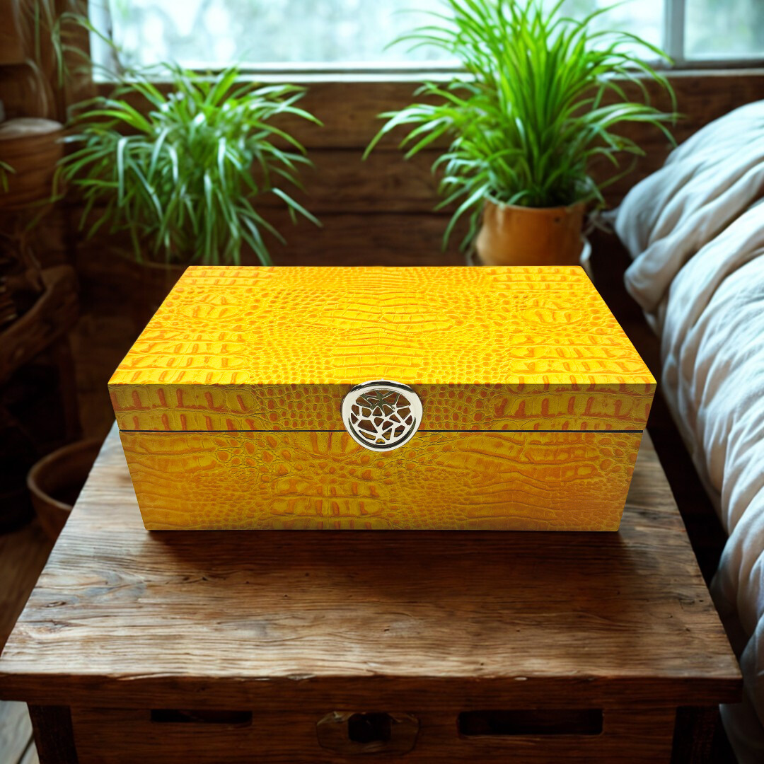 CAIXA RETANGULAR MADEIRA/COURO CROCO AMARELA MODALI DESIGN