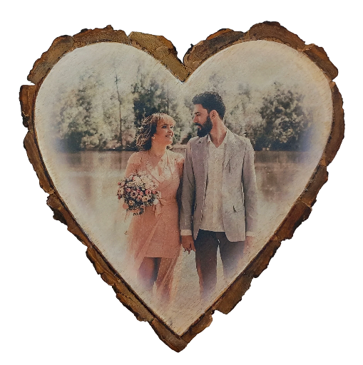 Heart Shaped Log Slice of Wedding Couple
