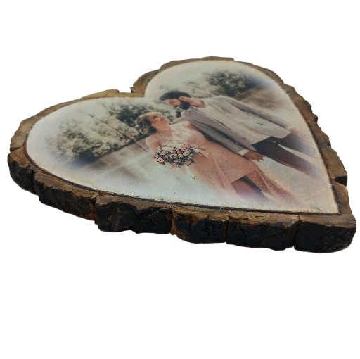 Heart Shaped Log Slice of Wedding Couple