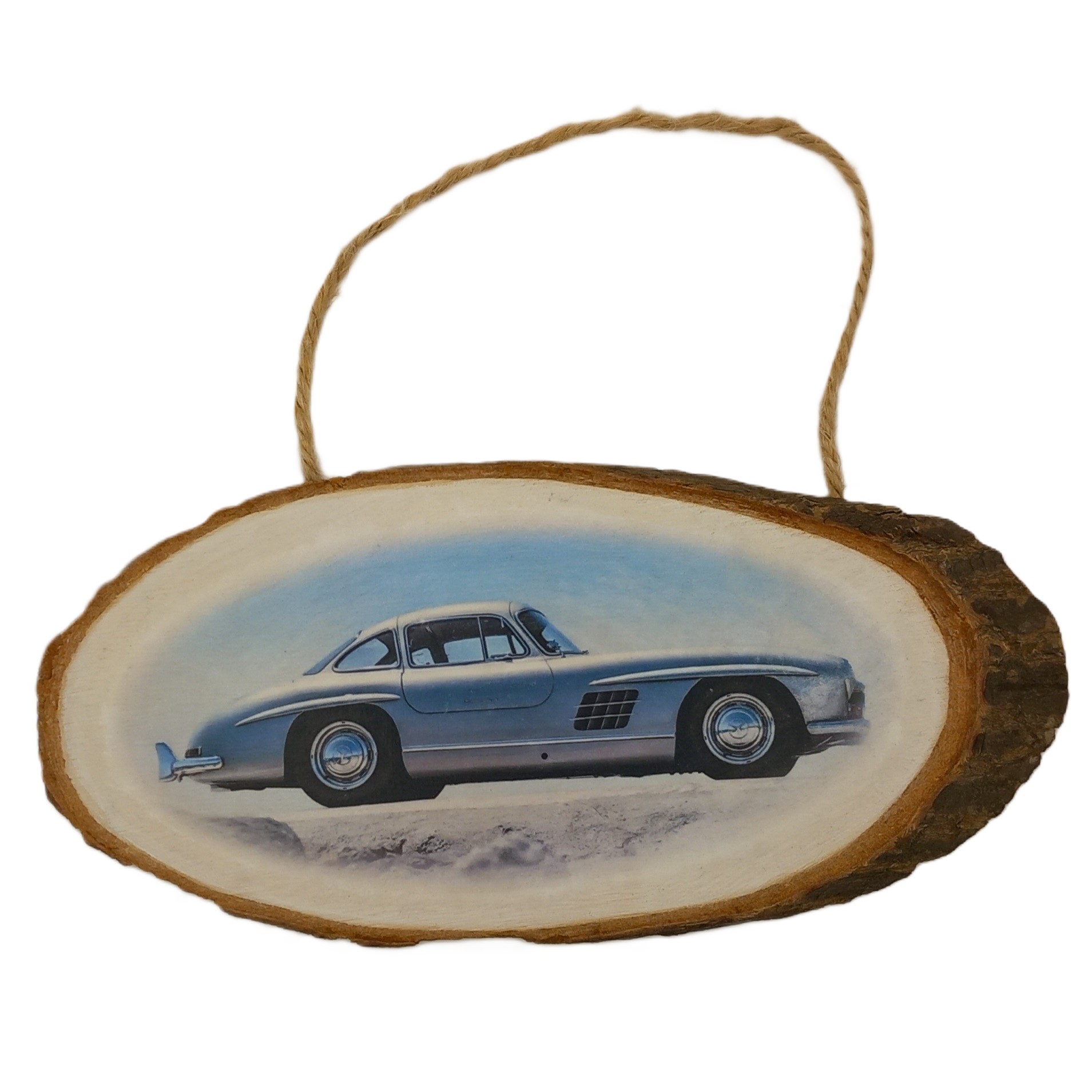 Log Slice with hanging jute featuring Vintage Car