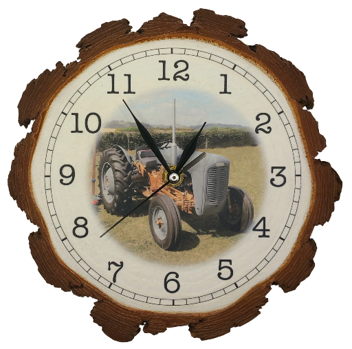Log Slice Clock featuring classic tractor