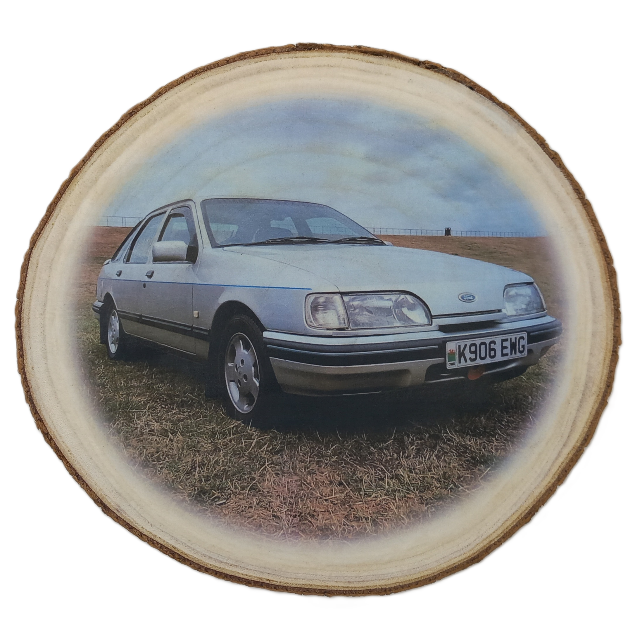 Log Slice featuring classic car