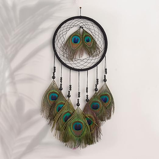 Wooden Peacock Feather Dream Catcher for Positive Energy Decorative Showpiece Wall Hanging