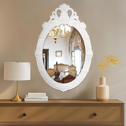 Antique Wall Mirror - MDF Frame Mirror For  Wall With Ornate Design Oval Shape Vintage Wall Mount Decor