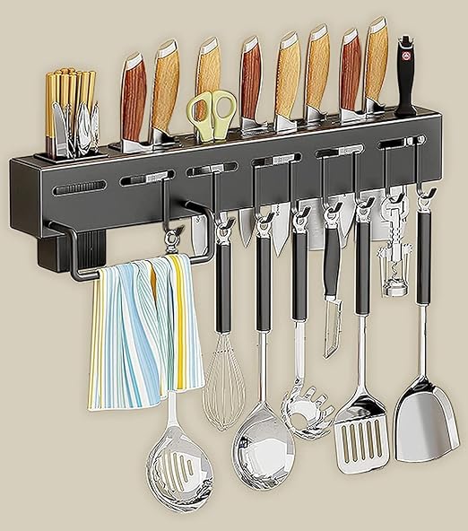 Kitchen Shelf Wall Mount Knife Holder, Towel Hanger, Spatula Ladle Hanging Hooks, Cutlery Holder Storage Rack High Grade Metal Multi-Purpose