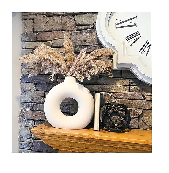 White Ceramic Donut Vase, 6 Inch Modern Flower Vase for Pampas Grass, Dried Flowers, Home & Office Decor, Centerpiece, Handcrafted Gift Vase Only