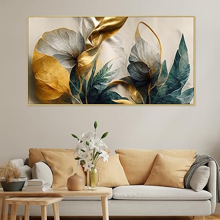 anvas Floral Painting for Bedroom Living Room Wall Decoration Abstract Elegant Golden Flower Floating Frame Wall Paintings for Home