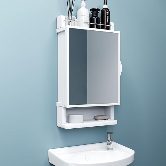 Unbreakable Wall Mount Acrylic Bathroom Cabinet with Mirror Door & Storage Shelves Organizer for Toiletries