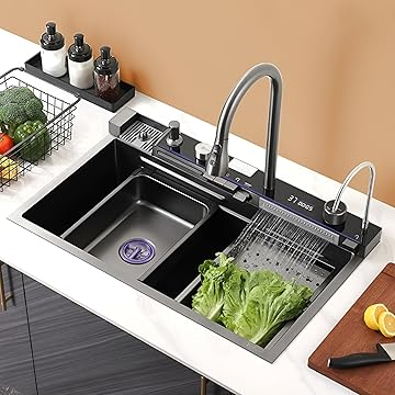 Stainless Steel Kitchen Sink with Waterfall & 360° Pull-down Fauce
