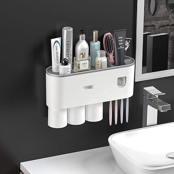 Wall Mounted Toothbrush Holder With Magnetic Cup And Automatic Toothpaste Dispenser Set.