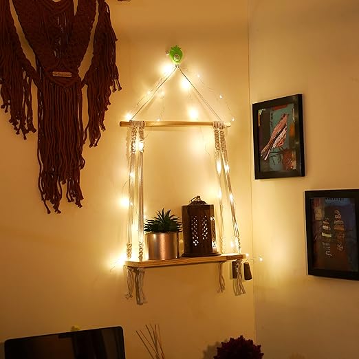 White Wood Floating Macrame Wall Hanging Shelf