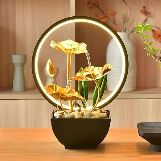 Metal Water Fountain for Home Decor with LED Light Golden Petal Indoor Fountain for Living Room