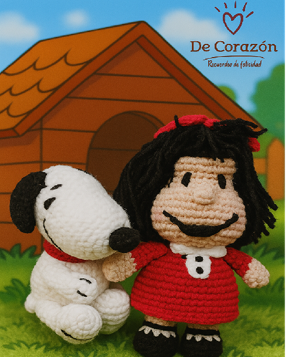 Muñecos tejidos de Mafalda y Snoopy
