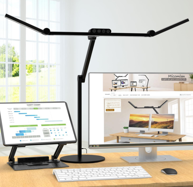 Architect Desk Lamp with Atmosphere Lighting, Adjustable Led Desk Light for Home Office with Base, 24W Bright Auto Dimming Table Light with Rotatable Swing Arm for Workbench Computer
