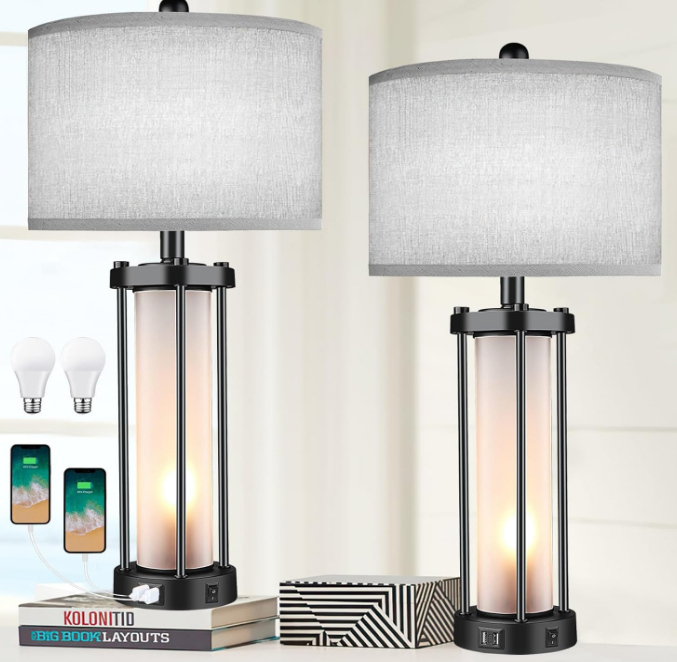 Table Lamps for Living Room Set of 2,26" Tall Bedside Farmhouse Table Lamps with LED Lantern Nightlight,Bedroom Nightstand Lamps with Dual USB Port Grey Fabric Shade (Bulbs Included)