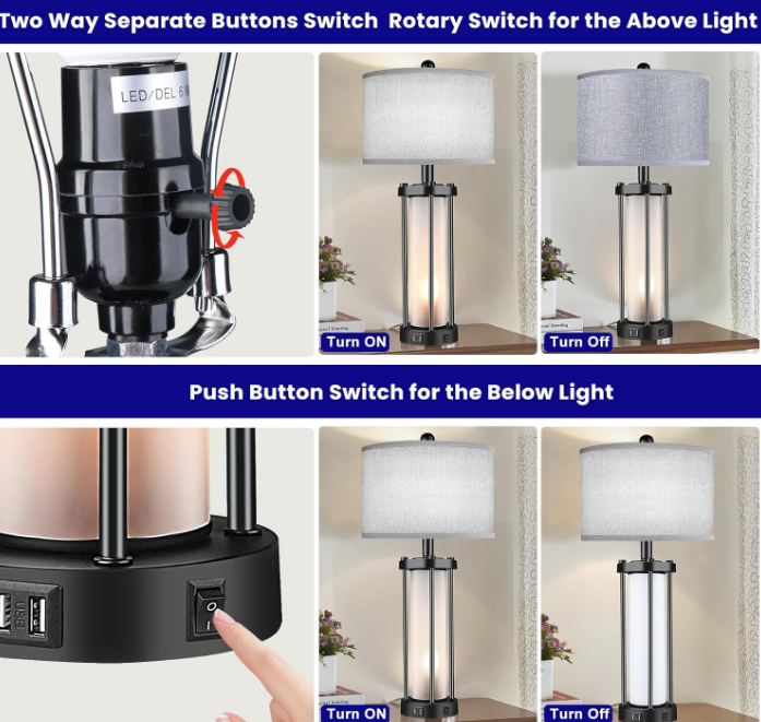 Table Lamps for Living Room Set of 2,26" Tall Bedside Farmhouse Table Lamps with LED Lantern Nightlight,Bedroom Nightstand Lamps with Dual USB Port Grey Fabric Shade (Bulbs Included)
