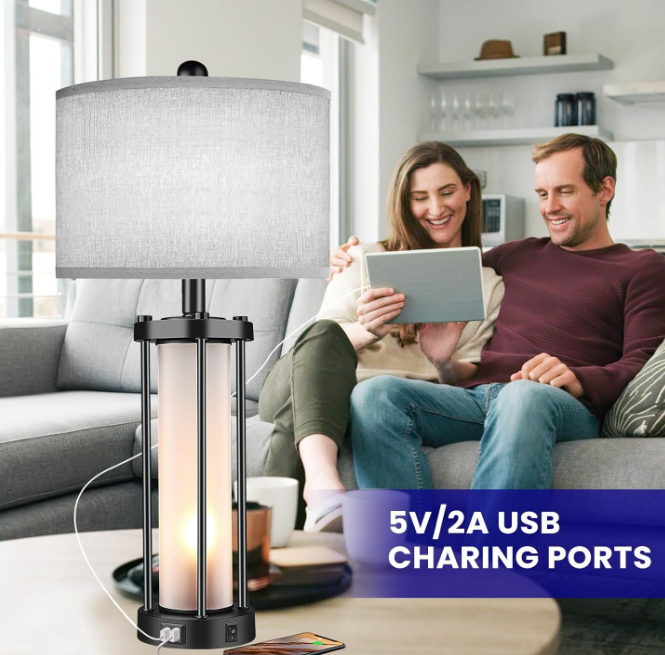 Table Lamps for Living Room Set of 2,26" Tall Bedside Farmhouse Table Lamps with LED Lantern Nightlight,Bedroom Nightstand Lamps with Dual USB Port Grey Fabric Shade (Bulbs Included)