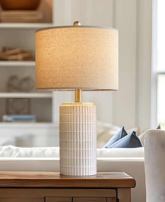 PoKat 23'' Bedside Table Lamp for Bedroom Nightstand - Ceramic Lamp for Living Room, White Night Stand Light Lamp with Round Linen Shade, Modern Bedroom Lamp Beige